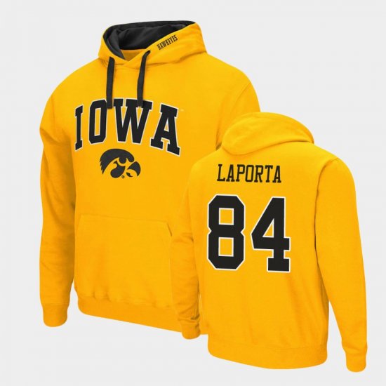 #84 Sam LaPorta Arch & Logo 2.0 Hawkeyes Pullover Mens Gold Hoodie 220388-787